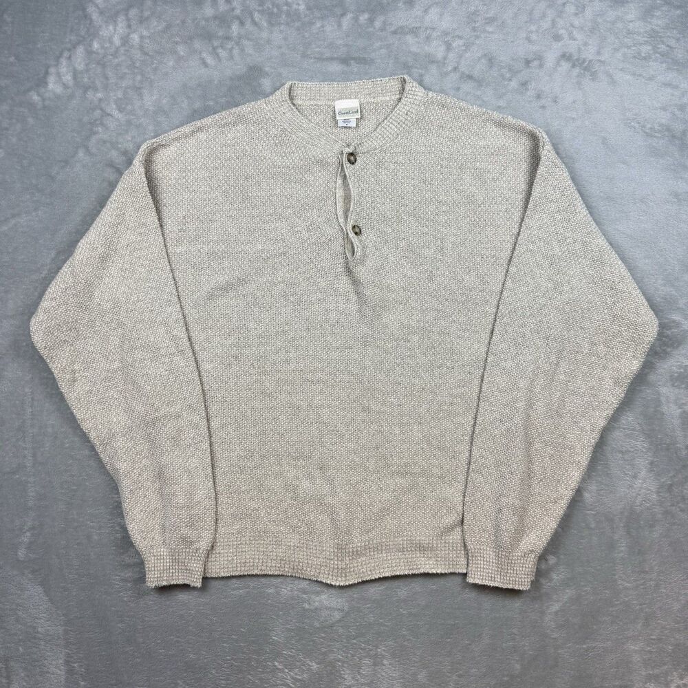 Vintage GreatLand Henley Sweater Mens Medium Beige Oatmeal Knit Made USA